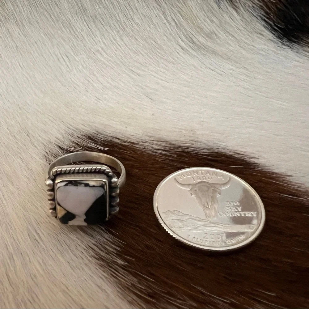 ❤️ White Buffalo Turquoise Square 925 Ring Navajo Style Matte ADJ SZ 5 to 7.5